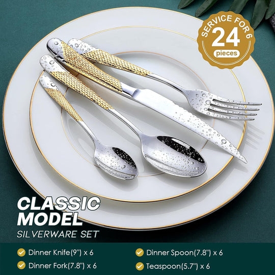 Perfect Holiday Gift 24-Piece Gold Forged Stainless Steel Flatware Set, Service of 6