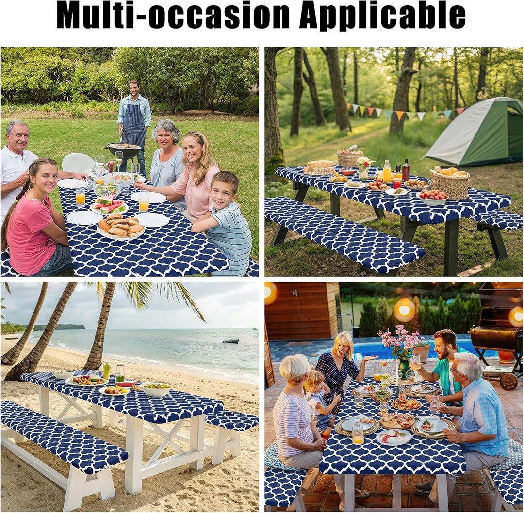 Picnic Table Cover with Bench Covers, Waterproof Elastic Fitted Tablecloth for 6 Foot Tables (MOQ 10 Sets)