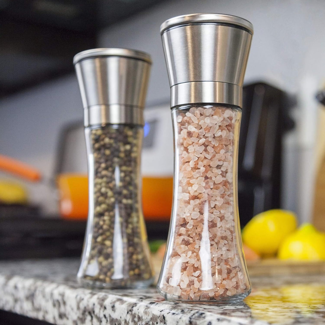Stainless Steel Sea Salt and Pepper Grinder Set of 2 - Adjustable Ceramic - Tall Glass Salt and Pepper Shakers (MOQ 10 Sets)