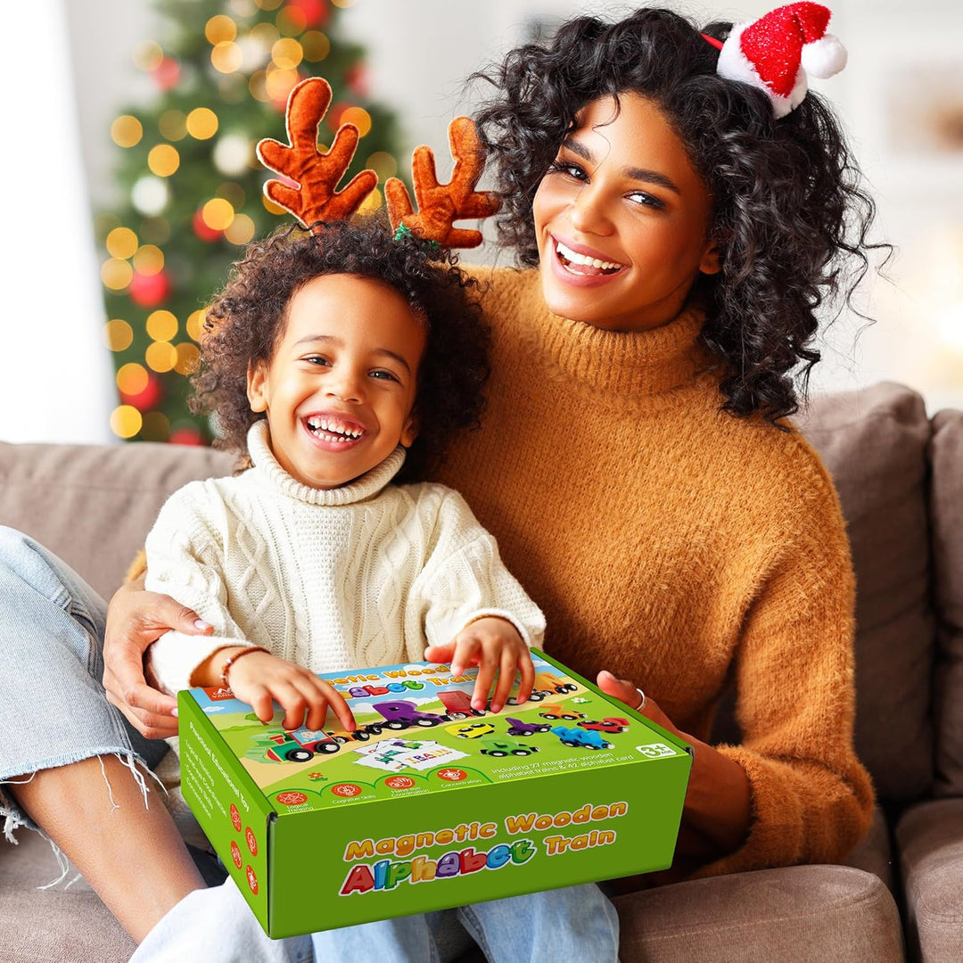 Magnetic Wooden Alphabet Train Sets | ABC Letter Learning Toy Trains with 42 PCS Flash Cards