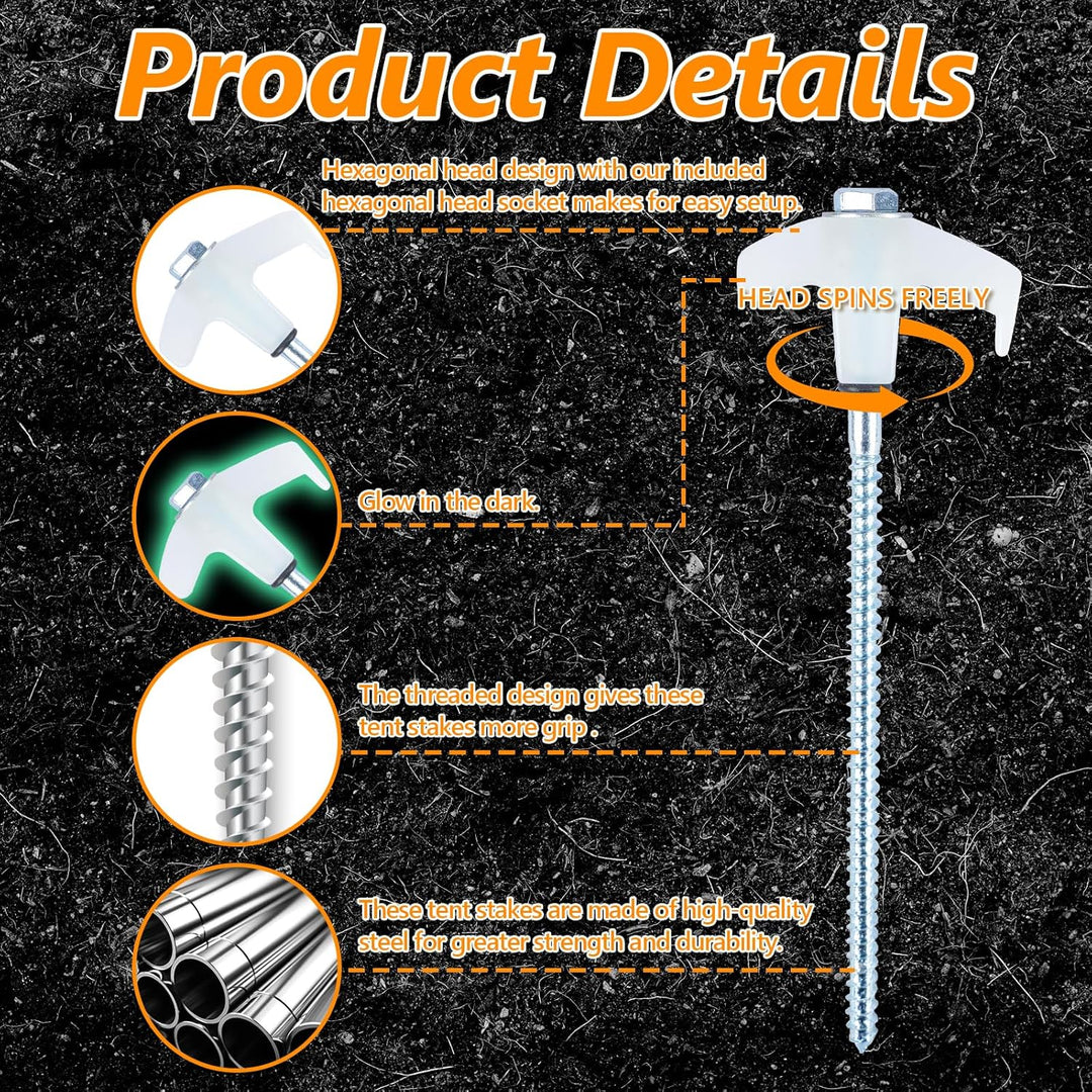 Ground Anchors Screw in, Metal Threaded Tent Spikes, Camping Pegs for Canopies & Gardening Inflatable Decor (MOQ 10 Sets)