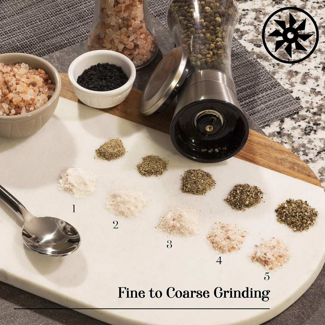 Stainless Steel Sea Salt and Pepper Grinder Set of 2 - Adjustable Ceramic - Tall Glass Salt and Pepper Shakers (MOQ 10 Sets)