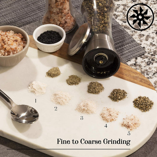 Stainless Steel Sea Salt and Pepper Grinder Set of 2 - Adjustable Ceramic - Tall Glass Salt and Pepper Shakers (MOQ 10 Sets)