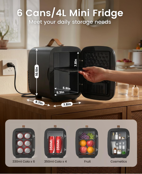 Mini Fridge Cooler &amp; Warmer, 4L Portable Skincare Fridge – AC/DC Compact Refrigerator for Bedroom, Office, Car &amp; Dorm