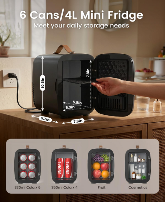 Mini Fridge Cooler & Warmer, 4L Portable Skincare Fridge – AC/DC Compact Refrigerator for Bedroom, Office, Car & Dorm