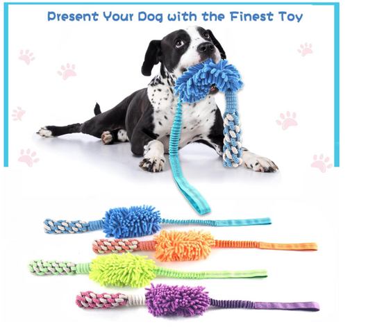 Stretchy Chenille Dog Chew Toy with Squeaker and Rope Handle (MOQ 10 Sets)