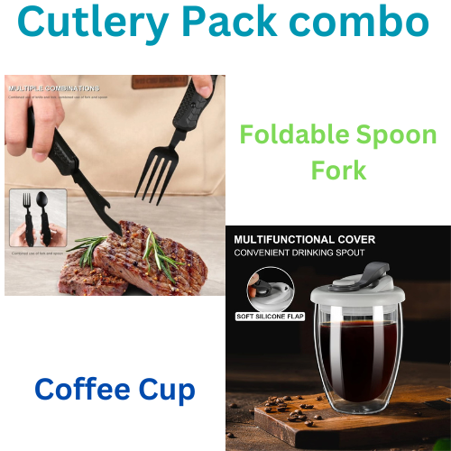 Steel Foldable Spoon Fork Knife Bottle Opener & Glass Coffee Mug Pack