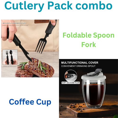 Steel Foldable Spoon Fork Knife Bottle Opener & Glass Coffee Mug Pack(Bulk 3 Sets)