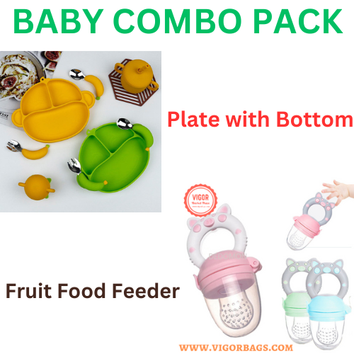 Plate with Bottom & Baby Fruit Food Feeder(Bulk 3 Sets)