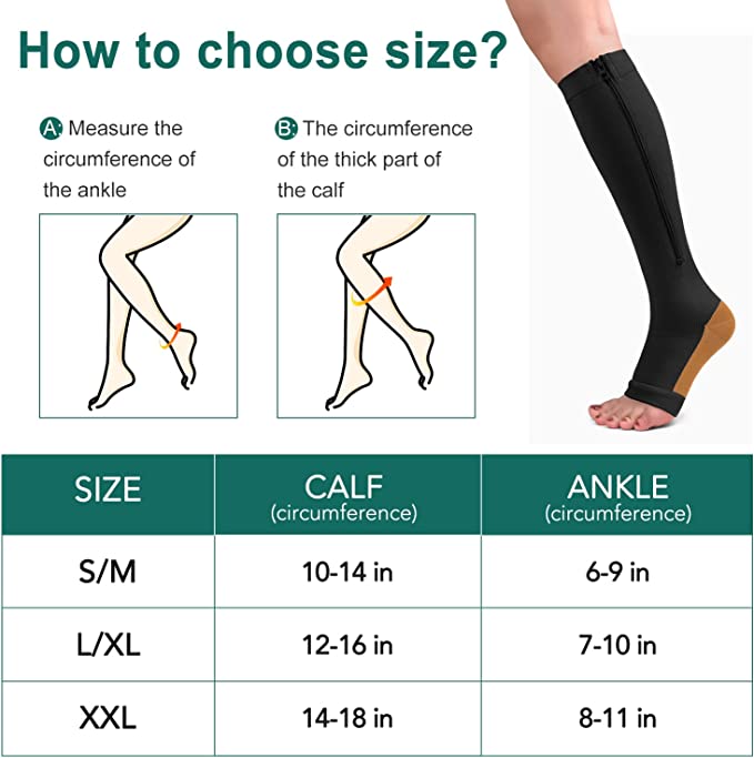 Premium Quality Zipper Compression Socks Calf Knee High Open Toe Support (Bulk 3 Sets)