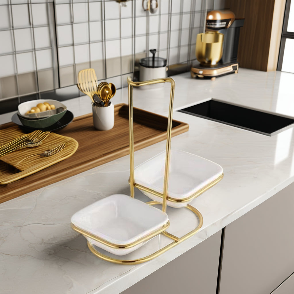 Luxury Stainless Steel Upright Ladle Rack Set with Double Square Ceramic Bowls – Modern Countertop Spoon & Utensil Holder Stand
