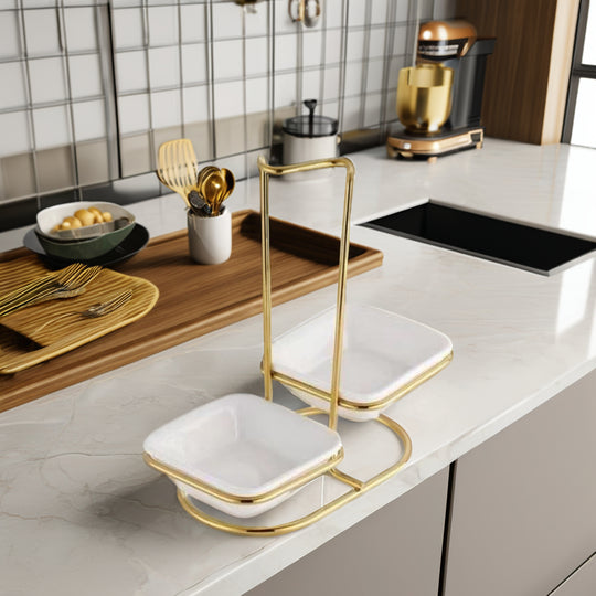Luxury Stainless Steel Upright Ladle Rack Set with Double Square Ceramic Bowls – Modern Countertop Spoon & Utensil Holder Stand