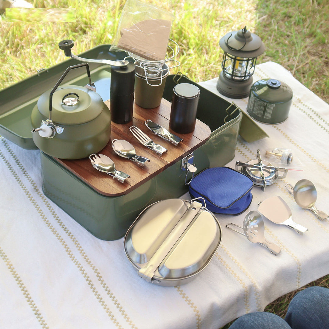 Camping Cookware Set with Gas Stove Outdoor Cooking Set Portable Coffee Maker Set (MOQ 10 Sets)