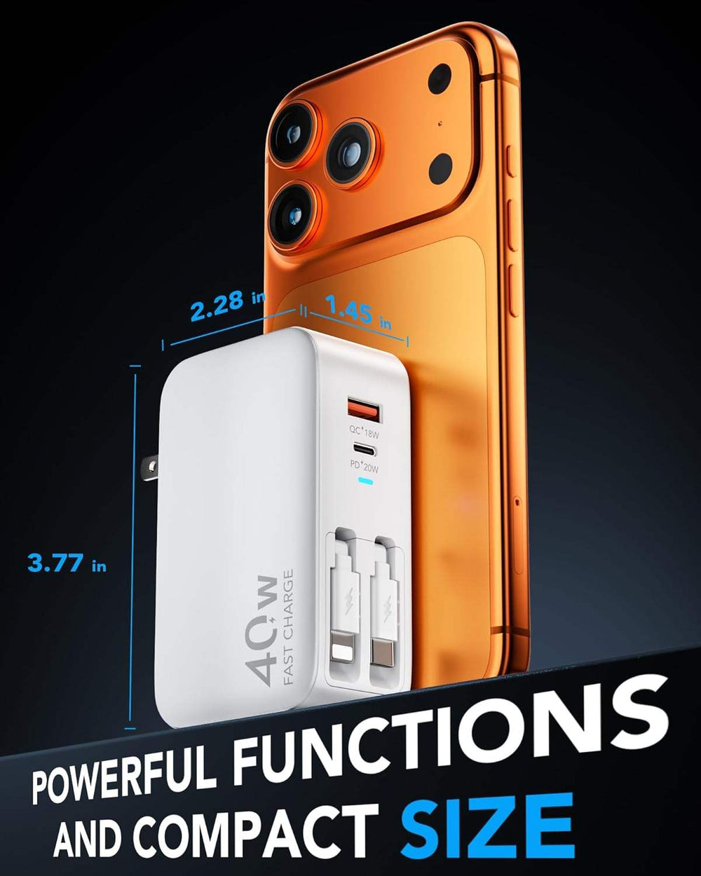 Retractable 40W USB C Fast Charger Wall Plug with Built-in 90cm/35.5in Type C Cable (MOQ 10 Sets)