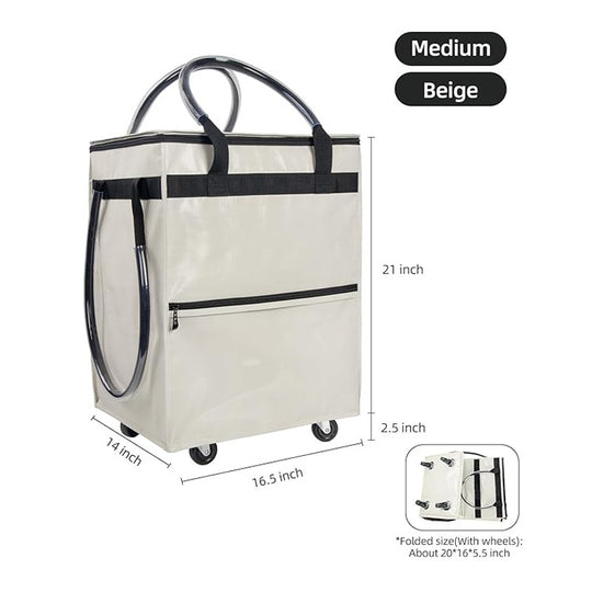 Folding Rolling Tote, Zipper reusable Grocery Bag on Wheels (MOQ 10 pcs)