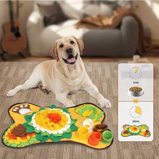 Labrador beside a bone-shaped snuffle mat, 5-minute bowl meal versus 20-minute snuffle mat