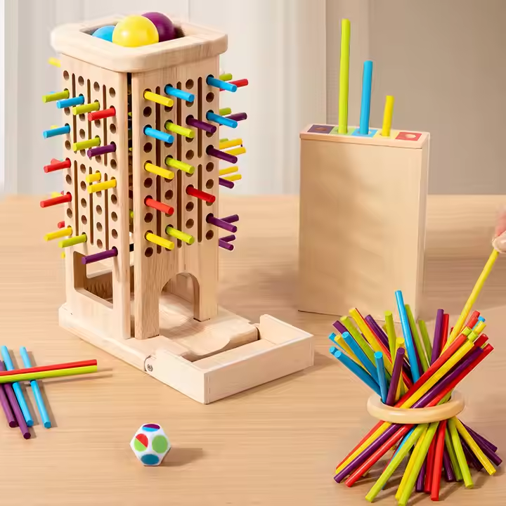 Montessori Game with Colorful Wooden Sticks Tower Dice Ball Wooden Board Games Fine Motor Skills