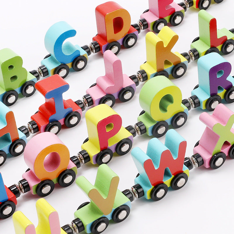Magnetic Wooden Alphabet Train Sets | ABC Letter Learning Toy Trains with 42 PCS Flash Cards