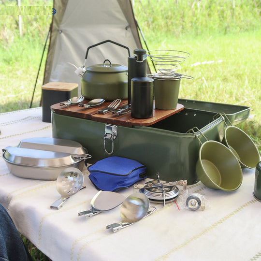 Camping Cookware Set with Gas Stove Outdoor Cooking Set Portable Coffee Maker Set (MOQ 10 Sets)