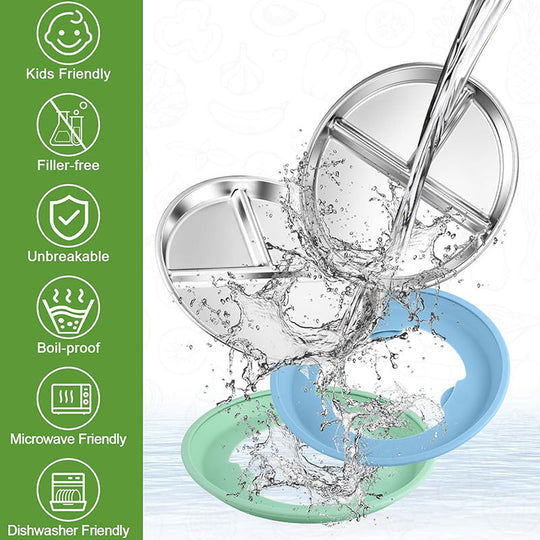 Stainless Steel Baby Plate with Suction, 9” Divided Toddler Plates (MOQ 10 Pairs)