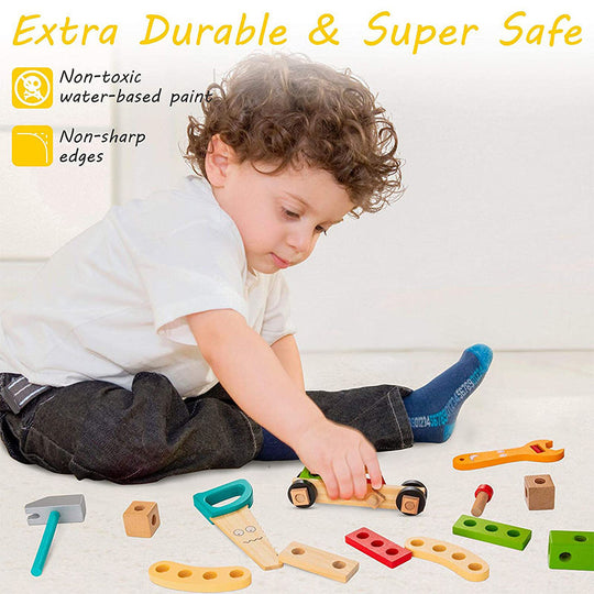 Wooden Toddler Tools Set Includes Tool Box, Montessori Educational Stem Construction Toys for 2 3 4 5 6 Year Old
