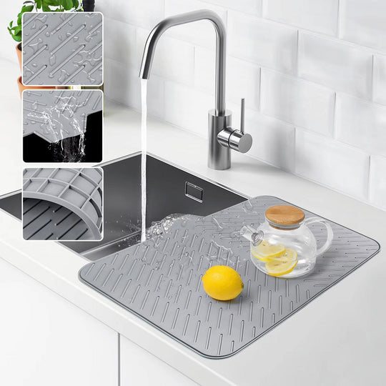 Silicone Dish Drying Mat with Built-In Drain Spout – Heat-Resistant Non-Slip Roll-Up Sink Drain Pad for Kitchen Counter (MOQ 10 Sets)