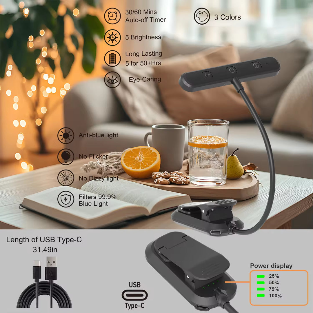 Usb Rechargeable Stepless Dimming Rotatable Mini Light Reading Clip Book Light Led