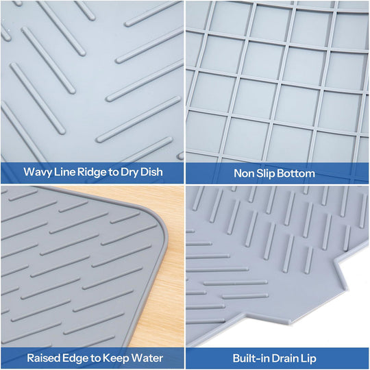 Silicone Dish Drying Mat with Built-In Drain Spout – Heat-Resistant Non-Slip Roll-Up Sink Drain Pad for Kitchen Counter (MOQ 10 Sets)