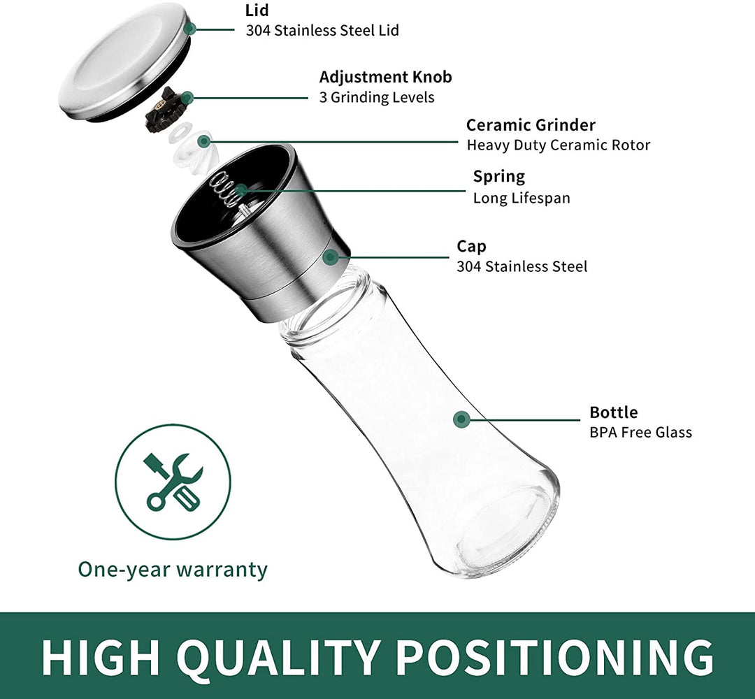 Stainless Steel Sea Salt and Pepper Grinder Set of 2 - Adjustable Ceramic - Tall Glass Salt and Pepper Shakers (MOQ 10 Sets)
