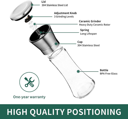 Stainless Steel Sea Salt and Pepper Grinder Set of 2 - Adjustable Ceramic - Tall Glass Salt and Pepper Shakers (MOQ 10 Sets)