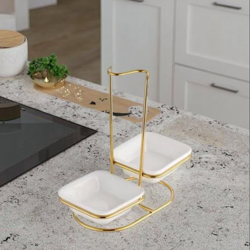 Luxury Stainless Steel Upright Ladle Rack Set with Double Square Ceramic Bowls – Modern Countertop Spoon & Utensil Holder Stand