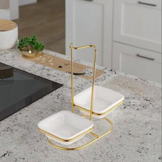Luxury Stainless Steel Upright Ladle Rack Set with Double Square Ceramic Bowls – Modern Countertop Spoon & Utensil Holder Stand
