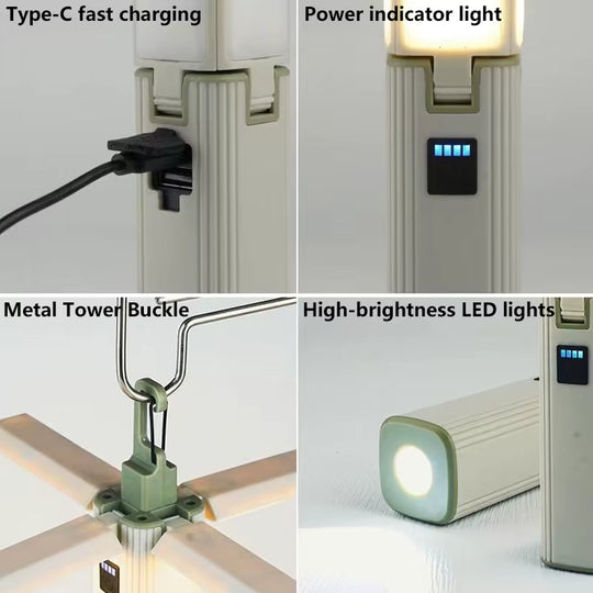 Rechargeable Camping Lantern, 4-Panel Foldable LED Tent Light with Power Bank, IPX4 Waterproof, 3 Lighting Modes, Hanging Clip for Camping, Hiking & Emergency Use