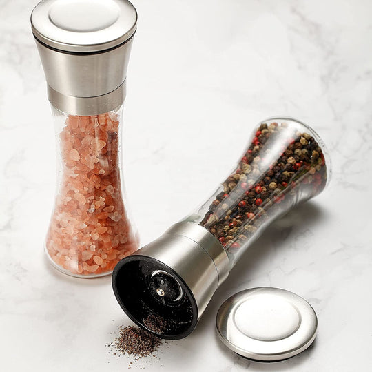 Stainless Steel Sea Salt and Pepper Grinder Set of 2 - Adjustable Ceramic - Tall Glass Salt and Pepper Shakers (MOQ 10 Sets)