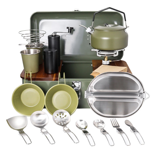 Camping Cookware Set with Gas Stove Outdoor Cooking Set Portable Coffee Maker Set (MOQ 10 Sets)