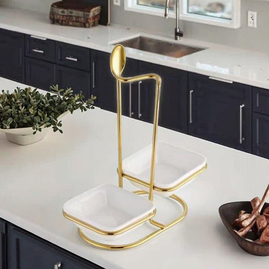 Luxury Stainless Steel Upright Ladle Rack Set with Double Square Ceramic Bowls – Modern Countertop Spoon & Utensil Holder Stand