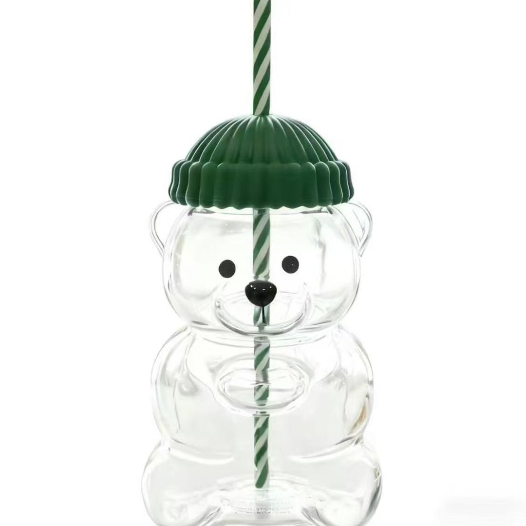 Bear-Shaped Glass Cup, Cute Reusable Glass Tumbler with Lid and Straw (MOQ 10 Sets)