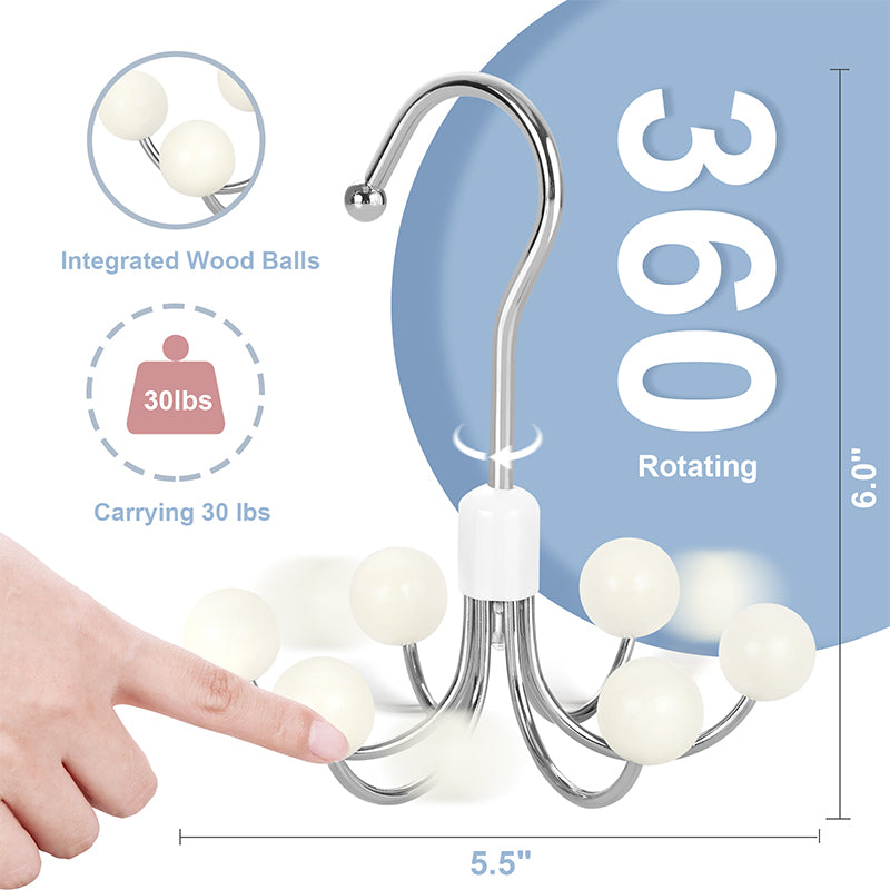 Hoodie Hangers with 6 Wood Balls | 360° Swivel Purse Hanger, Scarf & Handbag Organizer Closet Hooks (MMOQ 10 Sets)