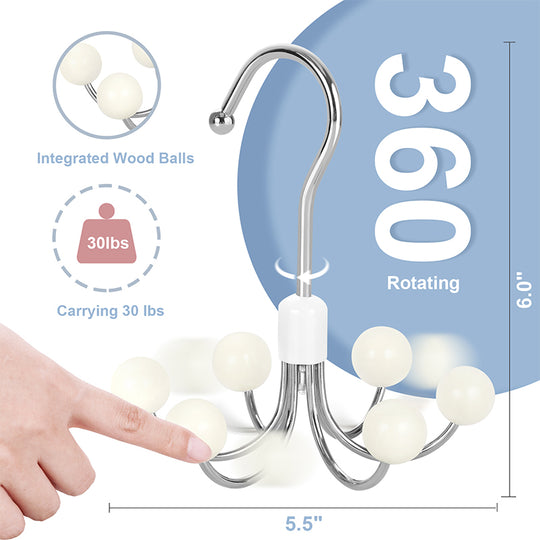 Hoodie Hangers with 6 Wood Balls | 360° Swivel Purse Hanger, Scarf & Handbag Organizer Closet Hooks (MMOQ 10 Sets)