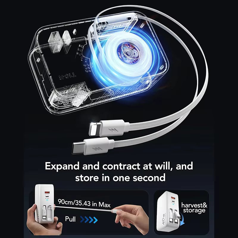 Retractable 40W USB C Fast Charger Wall Plug with Built-in 90cm/35.5in Type C Cable (MOQ 10 Sets)