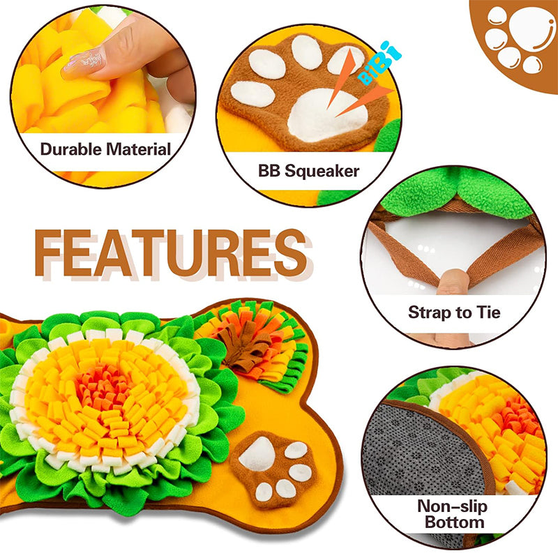 Snuffle mat features: durable fleece, squeaker paw, tie strap and non-slip bottom