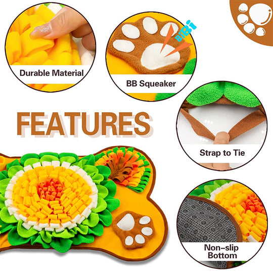 Snuffle mat features: durable fleece, squeaker paw, tie strap and non-slip bottom
