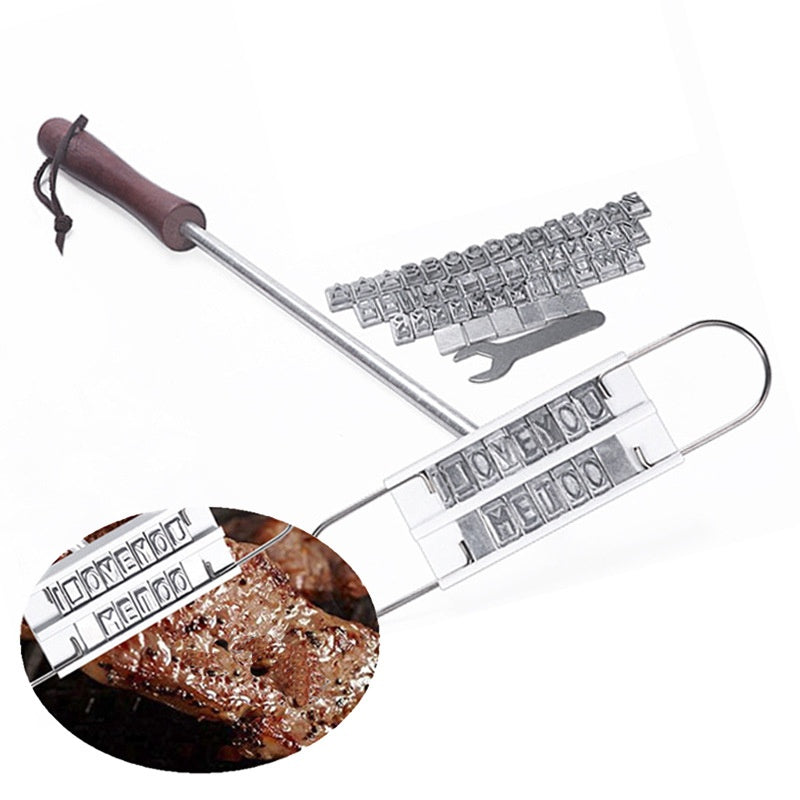 BBQ Barbecue Letter English Alphabet Branding Iron Wood Handle Heat Resistant Grilling Complete Meat Marking Tool