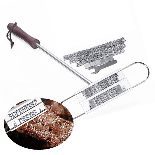 BBQ Barbecue Letter English Alphabet Branding Iron Wood Handle Heat Resistant Grilling Complete Meat Marking Tool