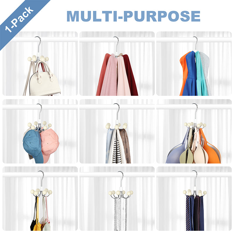Hoodie Hangers with 6 Wood Balls | 360° Swivel Purse Hanger, Scarf & Handbag Organizer Closet Hooks (MMOQ 10 Sets)
