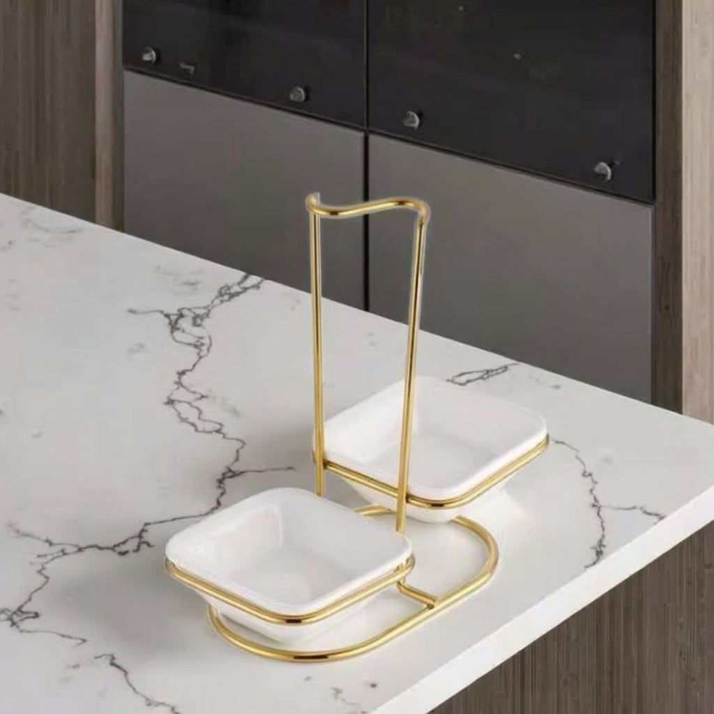 Luxury Stainless Steel Upright Ladle Rack Set with Double Square Ceramic Bowls – Modern Countertop Spoon & Utensil Holder Stand