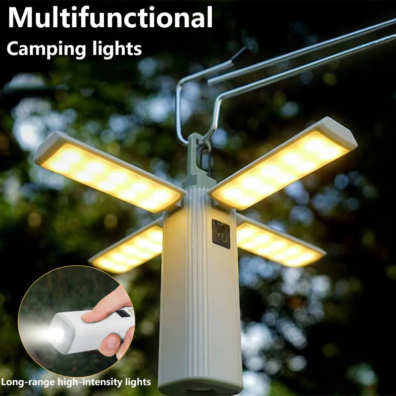 Rechargeable Camping Lantern, 4-Panel Foldable LED Tent Light with Power Bank, IPX4 Waterproof, 3 Lighting Modes, Hanging Clip for Camping, Hiking &amp; Emergency Use
