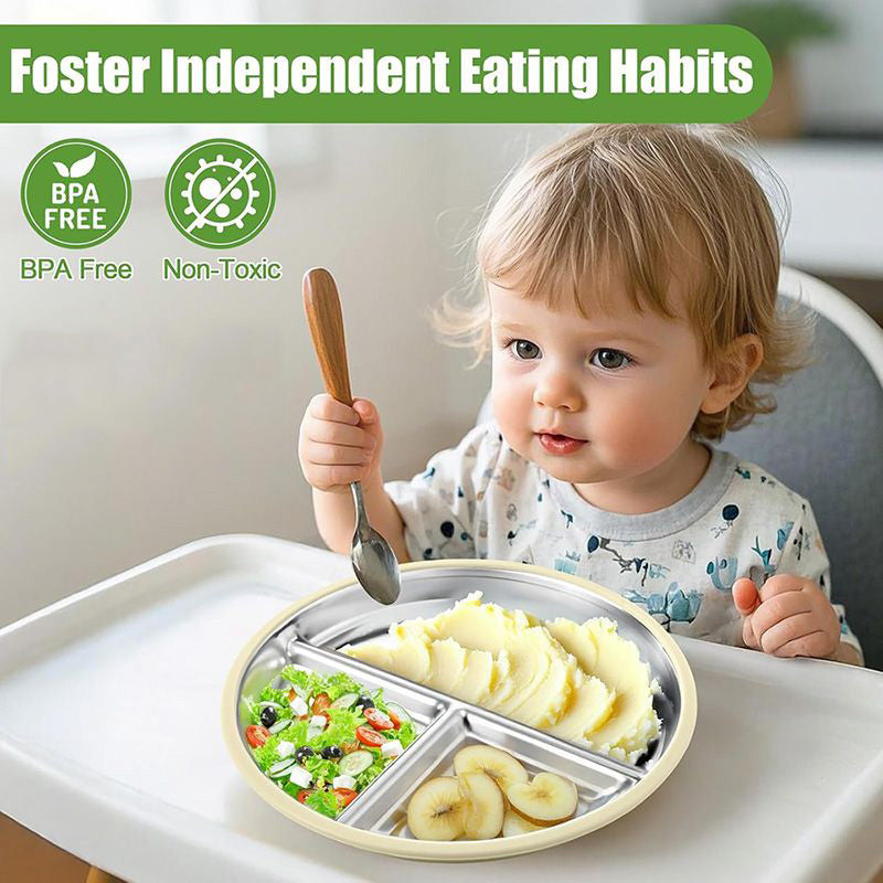 Stainless Steel Baby Plate with Suction, 9” Divided Toddler Plates (MOQ 10 Pairs)