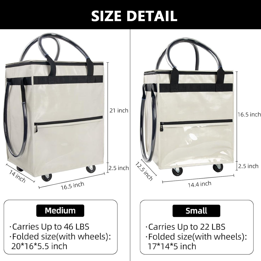 Folding Rolling Tote, Zipper reusable Grocery Bag on Wheels (MOQ 10 pcs)