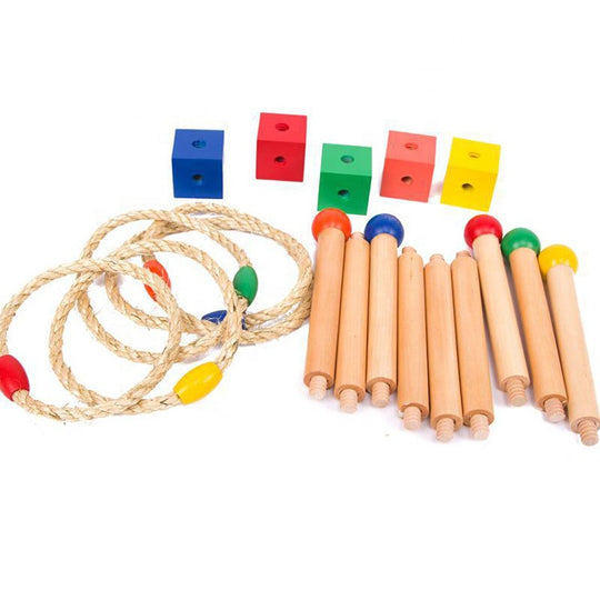 Wooden Ring Toss Game Set – 5 Sticks & 4 Rings | Outdoor Backyard Carnival Game for Kids Teens Adults | Family Party Activity & Birthday Gift (MOQ 10 Sets)
